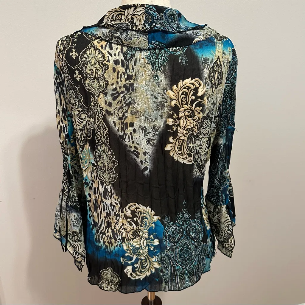 Agora Deep Teal Blue Ruffled Bell Sleeve Blouse Size M - Image 2