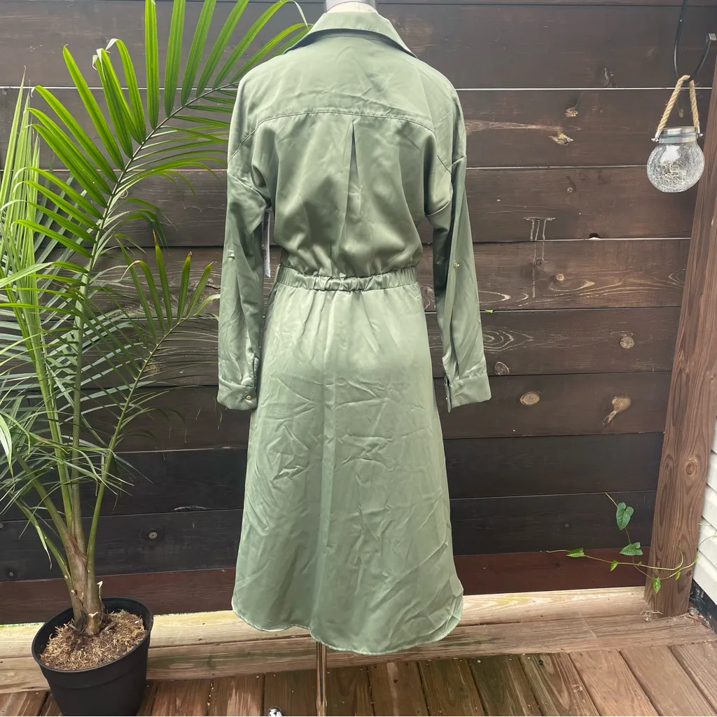 French Connection XS Satin Shirt‎ Dress Green Belted Midi Long Sleeve NWT - Image 4