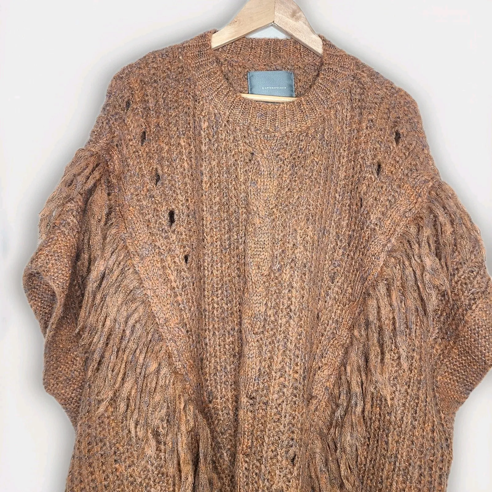 Anthropologie Marled Fringe Boho Oversized Poncho Bonze Prairie‎ One Size - Image 4