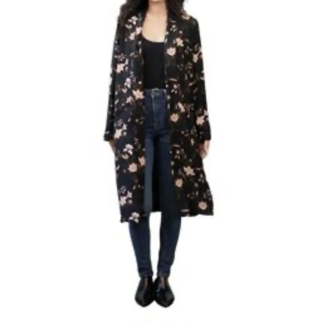 Daniel Rainn DR2 by Floral Kimono Duster Jacket Black Pink Boho Long Sleeve L - Image 2
