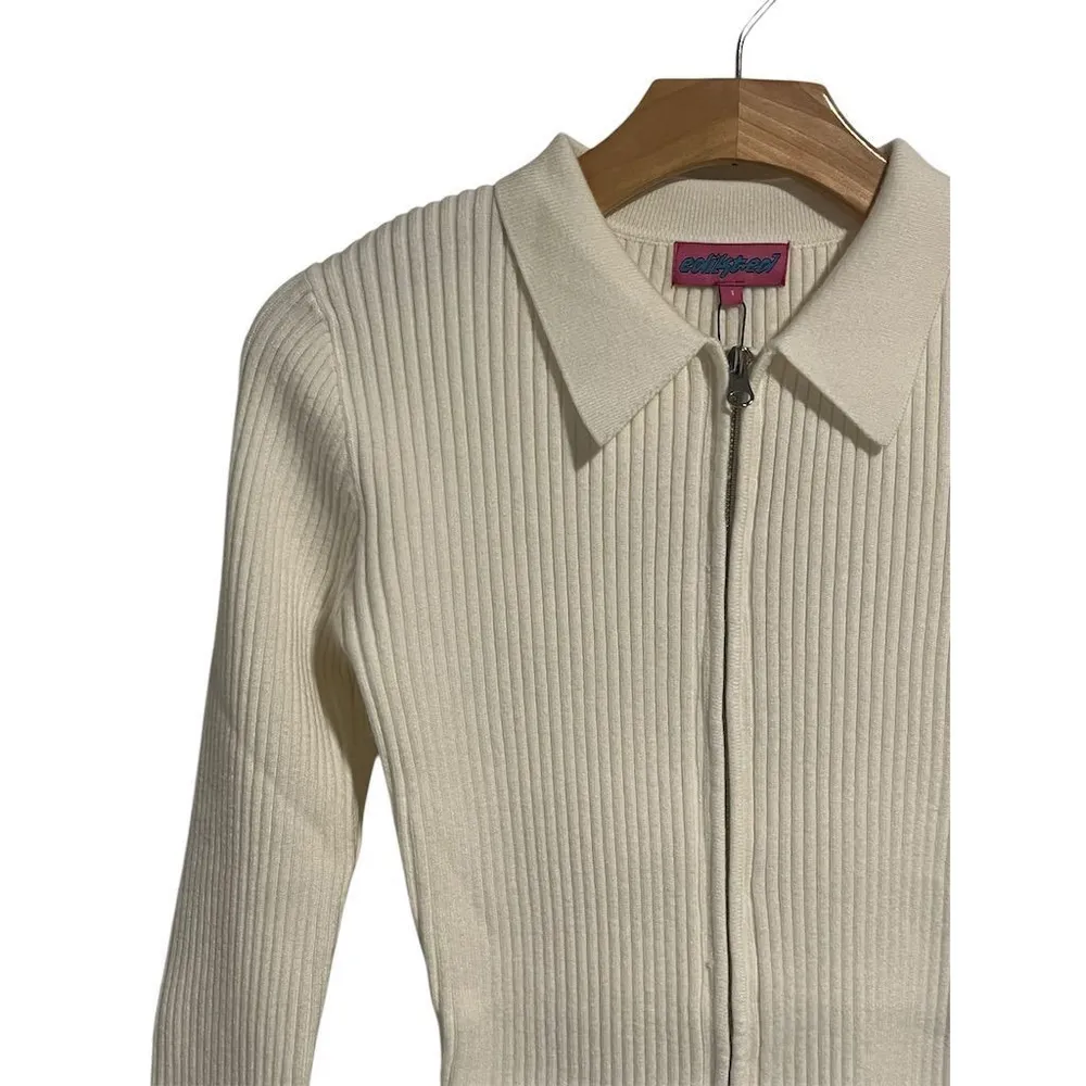 Edikted Ribbed Knit Cardigan Sweater Womens Size S Cream Collared Double Zip NEW - Image 2