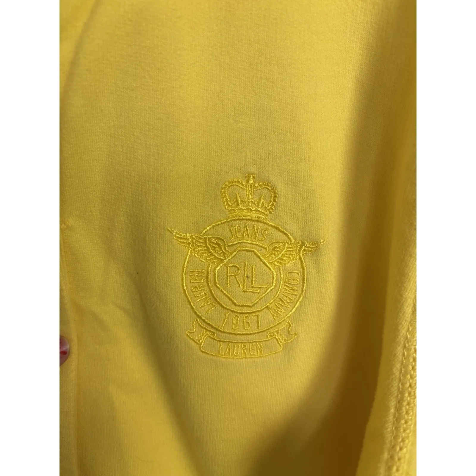 Y2K LRL Lauren Jeans Co Yellow Hoodie RLL Crest Logo Size Large Preppy Beach - Image 3