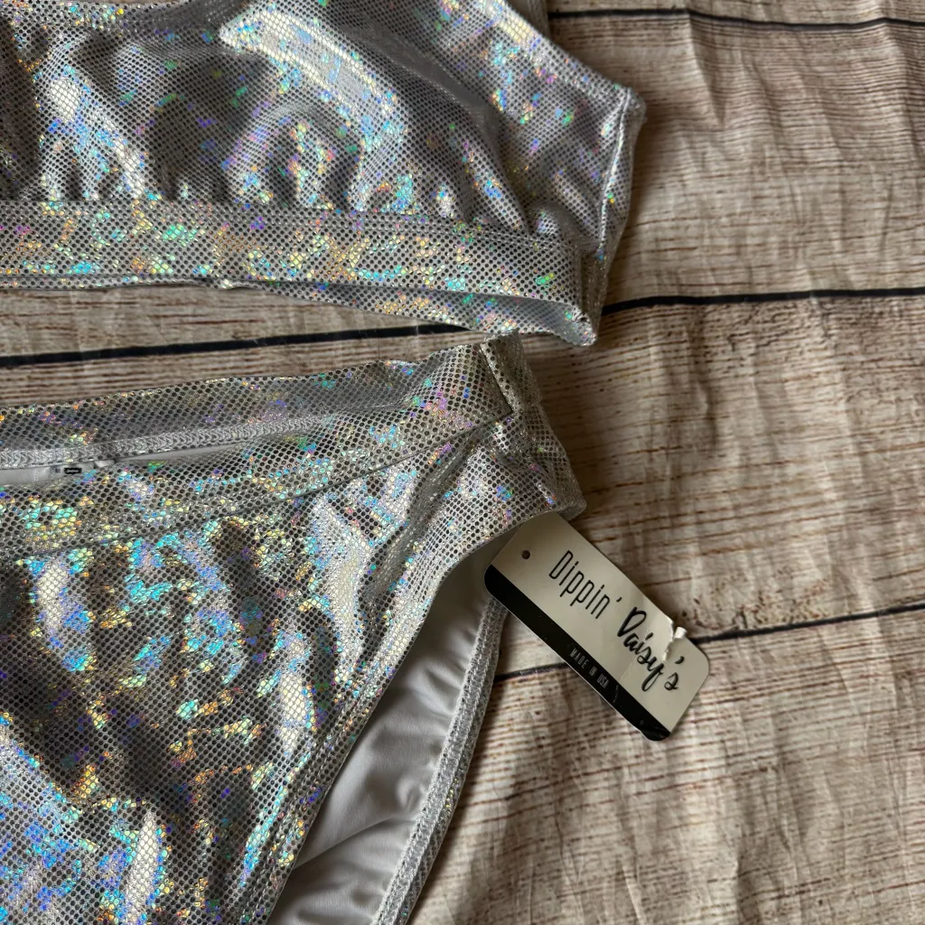 Dippin Daisy’s Women’s Sz Large Silver Holographic 2 Piece Bikini Swim Suit NEW - Image 6