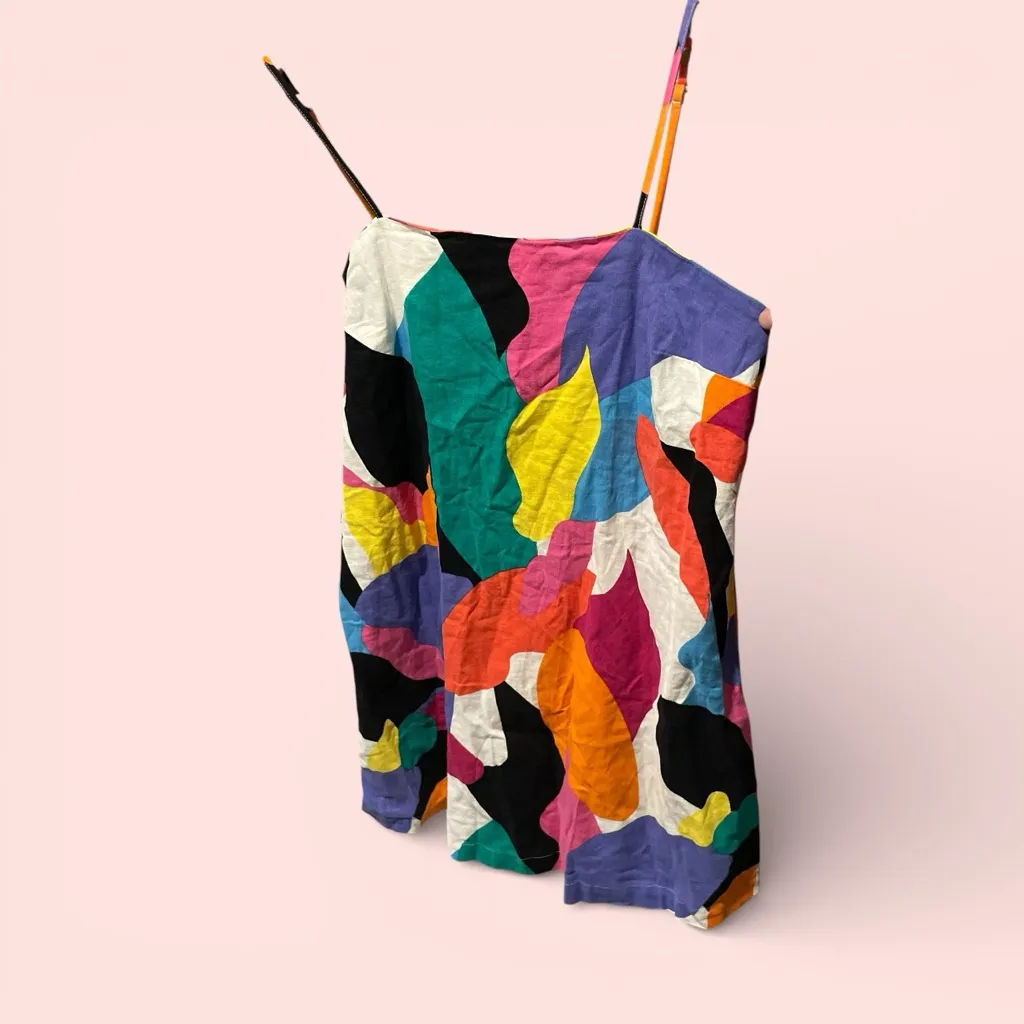 Cute colorful rainbow linen blend mini dress swingy shapes skinny straps - Image 3