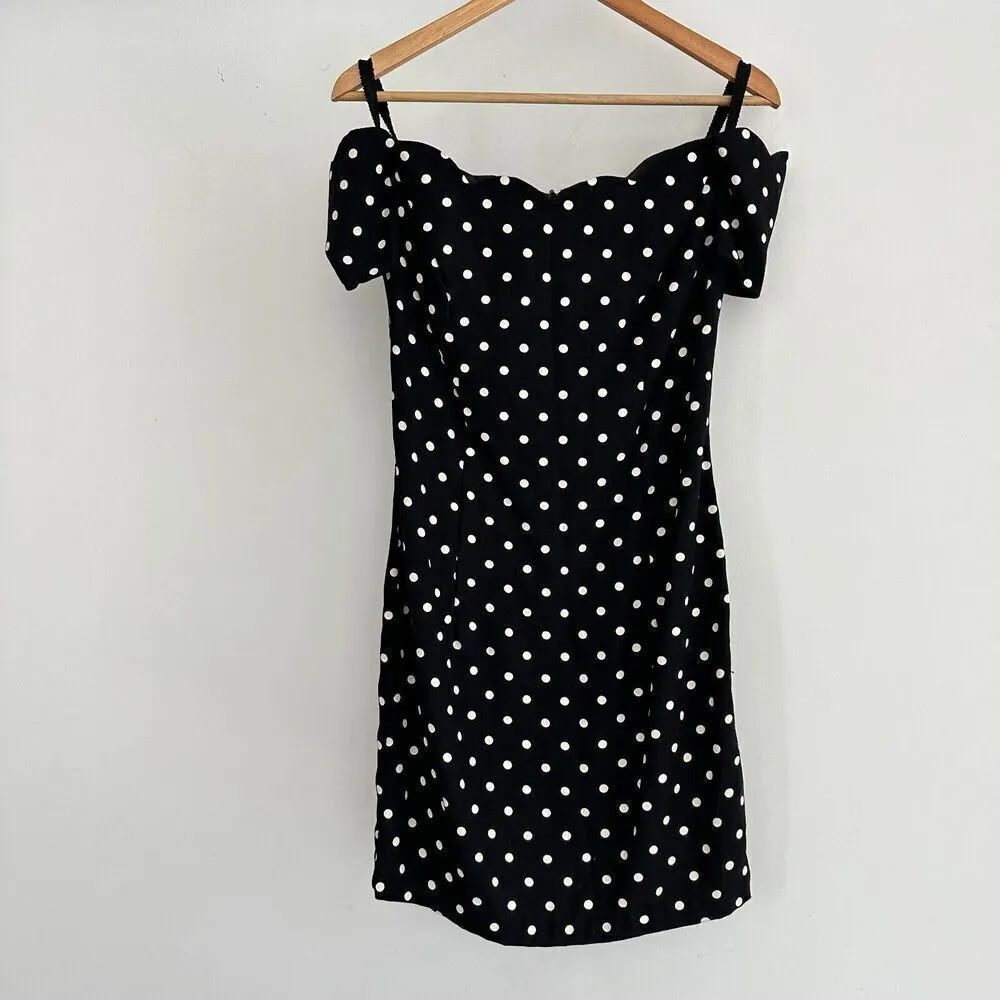 Vintage Polka Dot Dress Womens Small 90s Mini Bodycon Retro Pinup Off Shoulder Black - Image 7