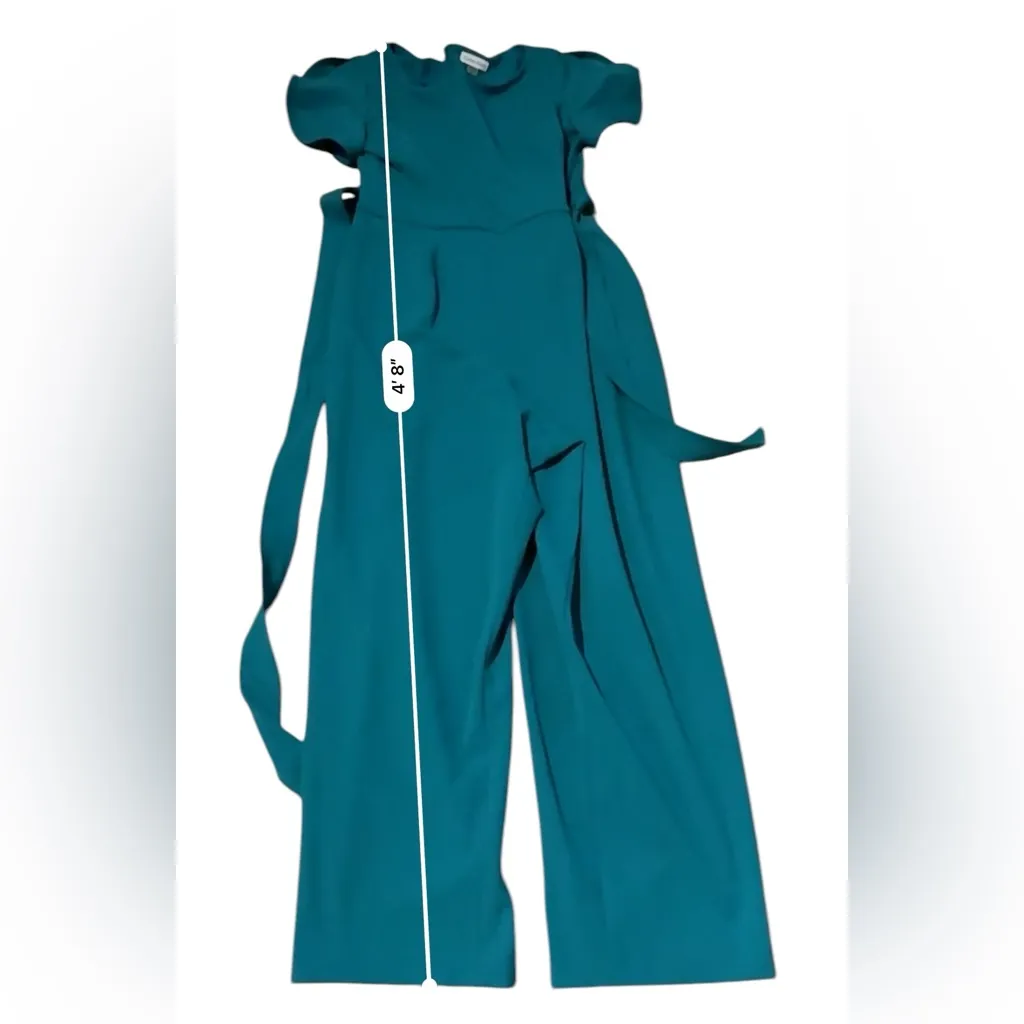Calvin Klein Short Tulip Sleeve Tie‎ Waist Cropped Jumpsuit in Teal Blue Green - Image 11