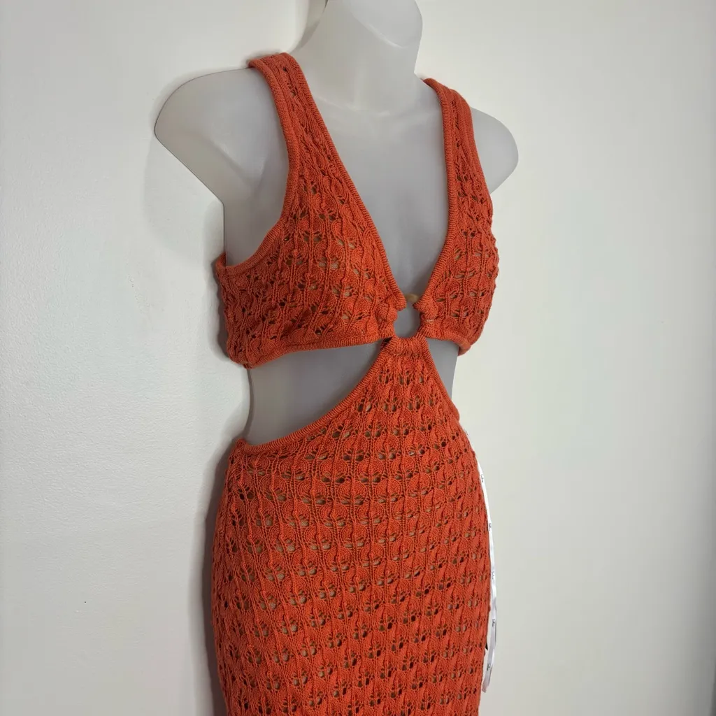 Lulus Beachside Bliss Orange Knit Cutout Sleeveless Midi Dress size small NWT - Image 4