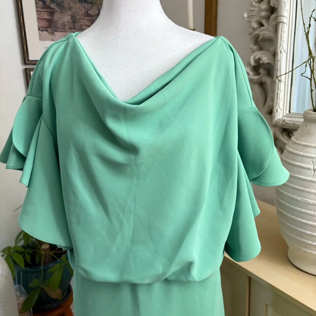 BADGLEY MISCHKA Green‎ Blouson Sheath Dress Drapey Sleeves Cow Neck Size 16 NWOT - Image 5