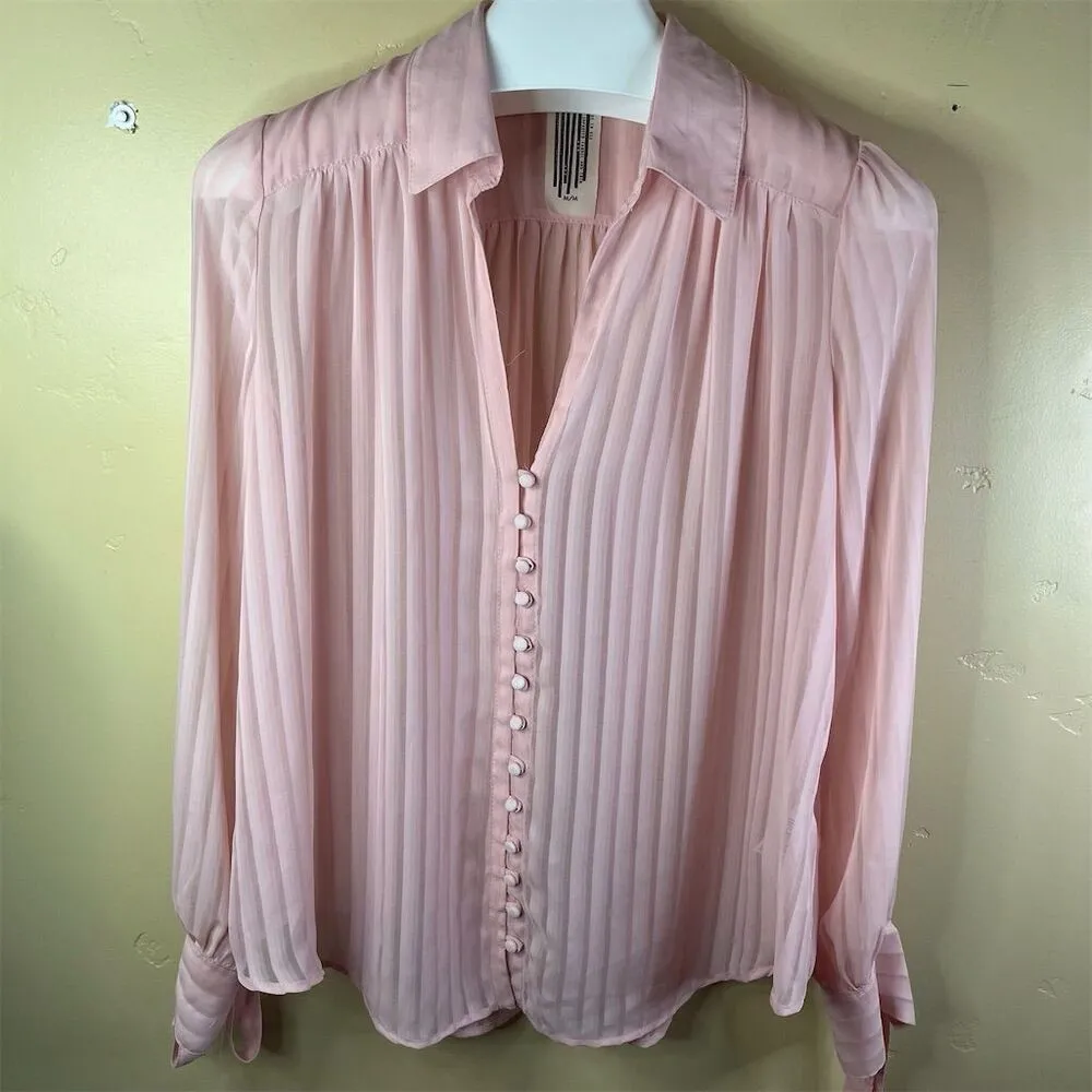 Free People Vintage  Boho Women's Medium Pink Sheer V-Neck Blouse Long Sleeve Top - Image 3