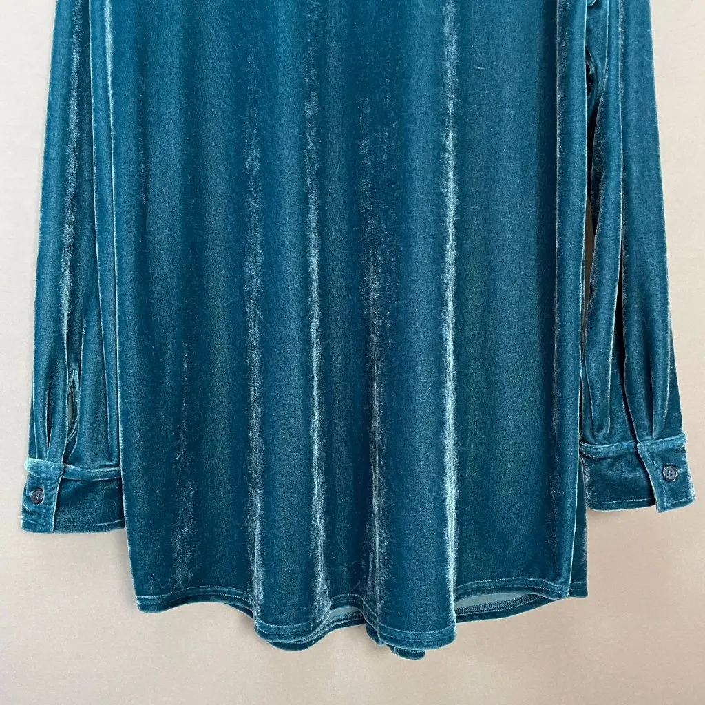 Soft Surroundings Velvet Top Blouse Button-Up Stretch Sz Medium Teal Long Sleeve - Image 6