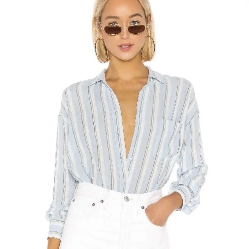 Vince NWT  Textured Stripe Boxy Button Down in Surf Mist Blue - Image 3