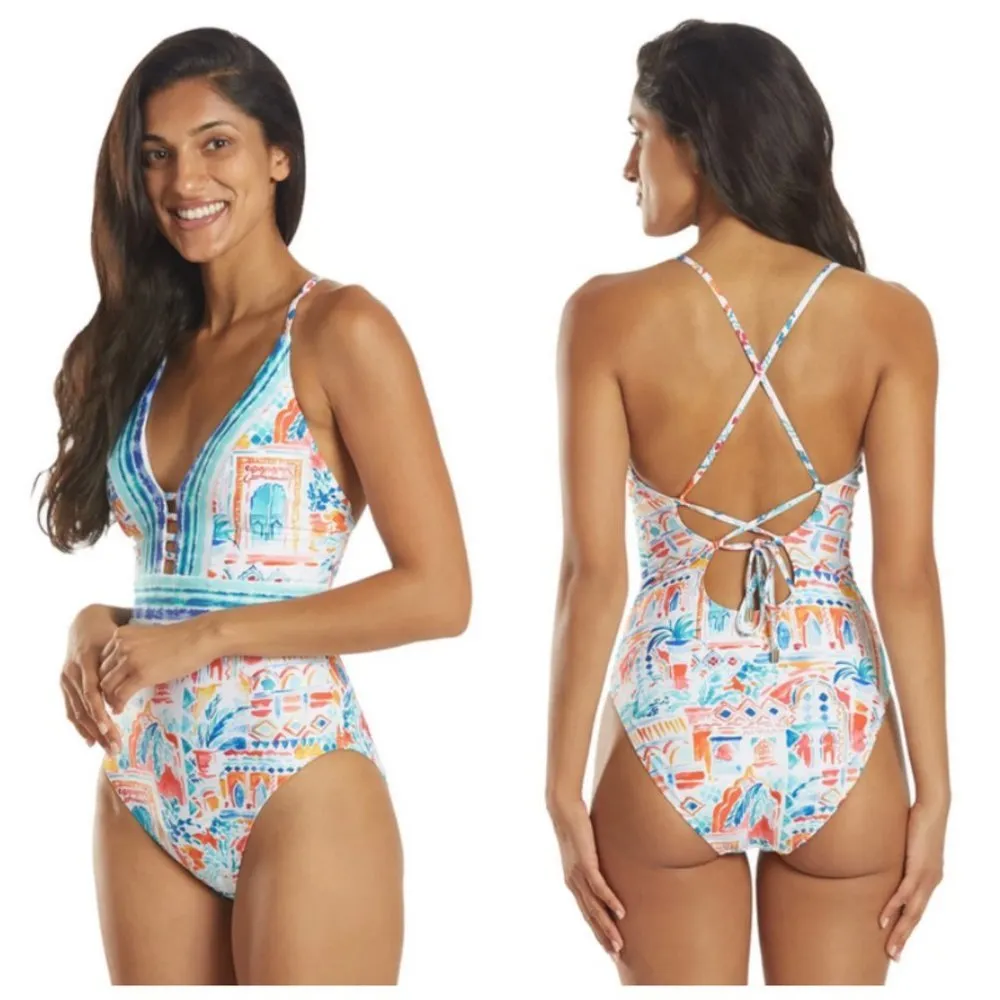 💕LA BLANCA💕 Terra Print Plunge Neck One-Piece Swimsuit ~ 10 Tera Italia NWT - Image 5