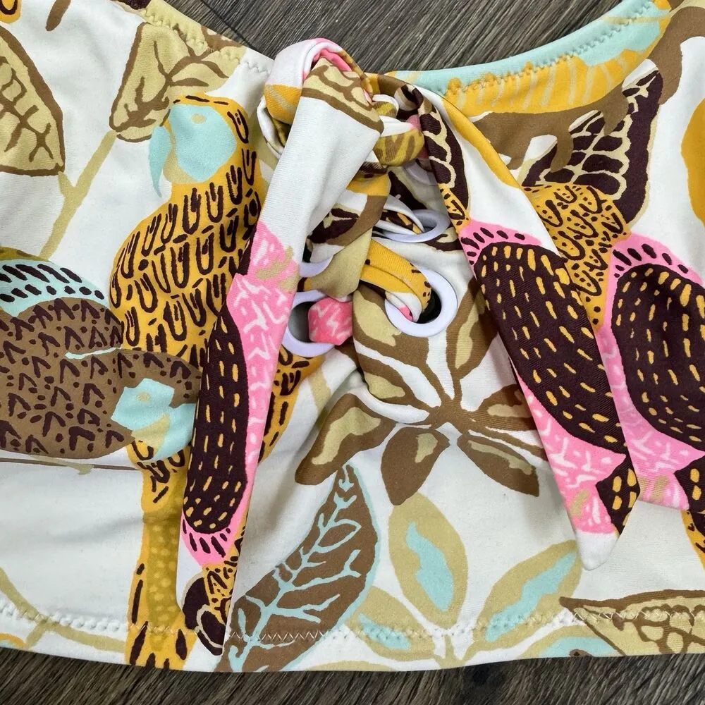 Aerie Grommet Longline Scoop Bikini Top Small Multicolor Tropical Lace Up Padded White - Image 4