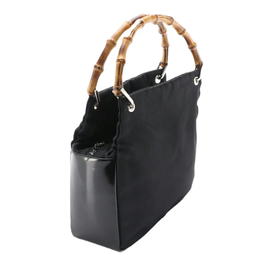 GUCCI BLACK NYLON & GLAZED LEATHER TOTE BAG WITH BAMBOO HANDLES - Image 6