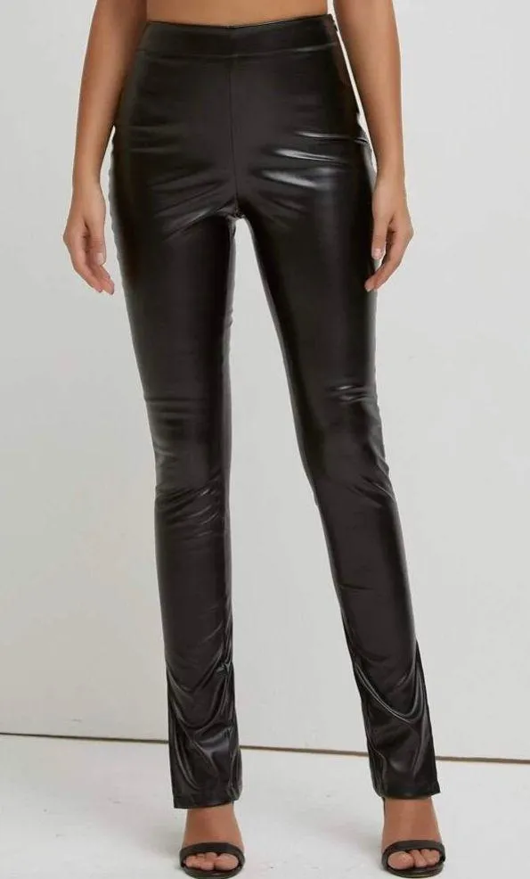 Side Slit Hem PU Leather Pants Black Size L - Image 4