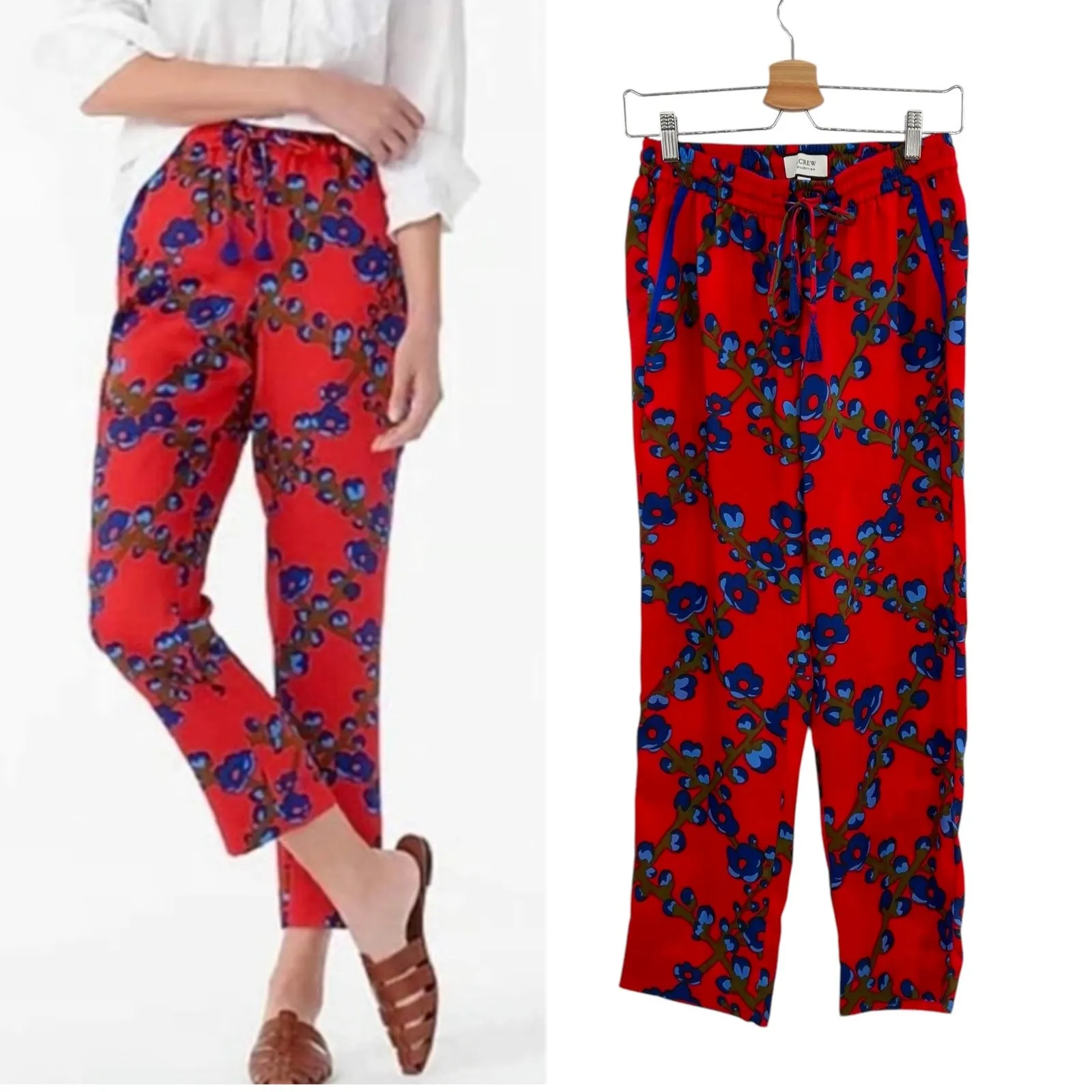 J. Crew Drapey Pull-on‎ Pant Trouser Lattice Floral Print Drawstring Red Size 4 - Image 2