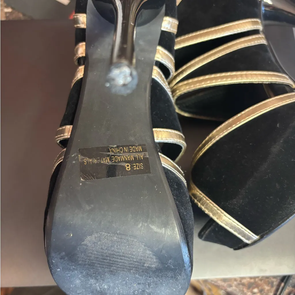 Charlotte Russe Black & Gold Strappy High Heels Size 8 Platform Dress Shoe - Image 6