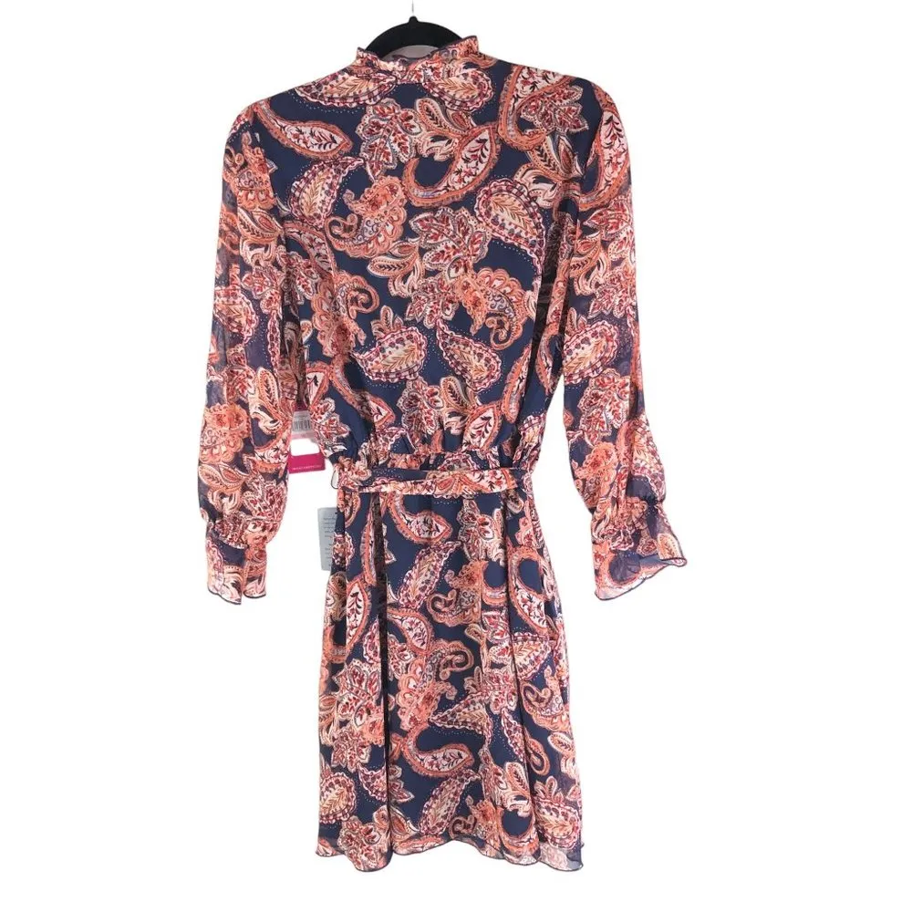 Vince Camuto Womens Long Sleeve Printed Ruffle Neck Dress Red Navy Blue 10 - Image 3