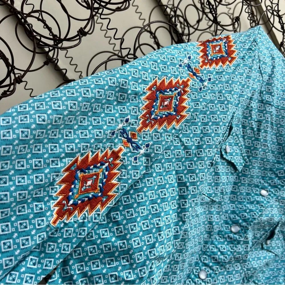 Panhandle Slim Roughstock teal southwestern embroidered sleeve pearl snap shirt Blue - Image 2