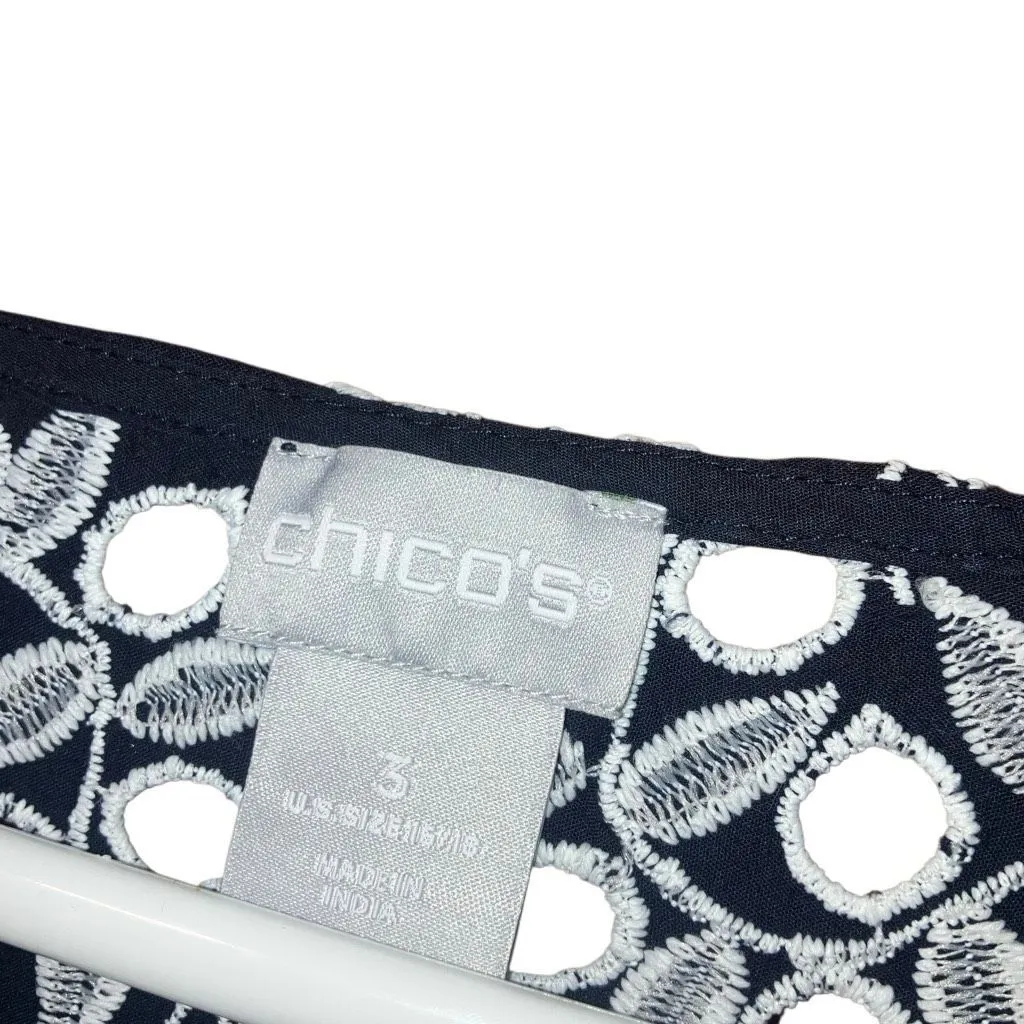 Chicos Black & White Eyelet Embroidered Cut Out Blouse Sz 3 US 16/18 #760 - Image 4