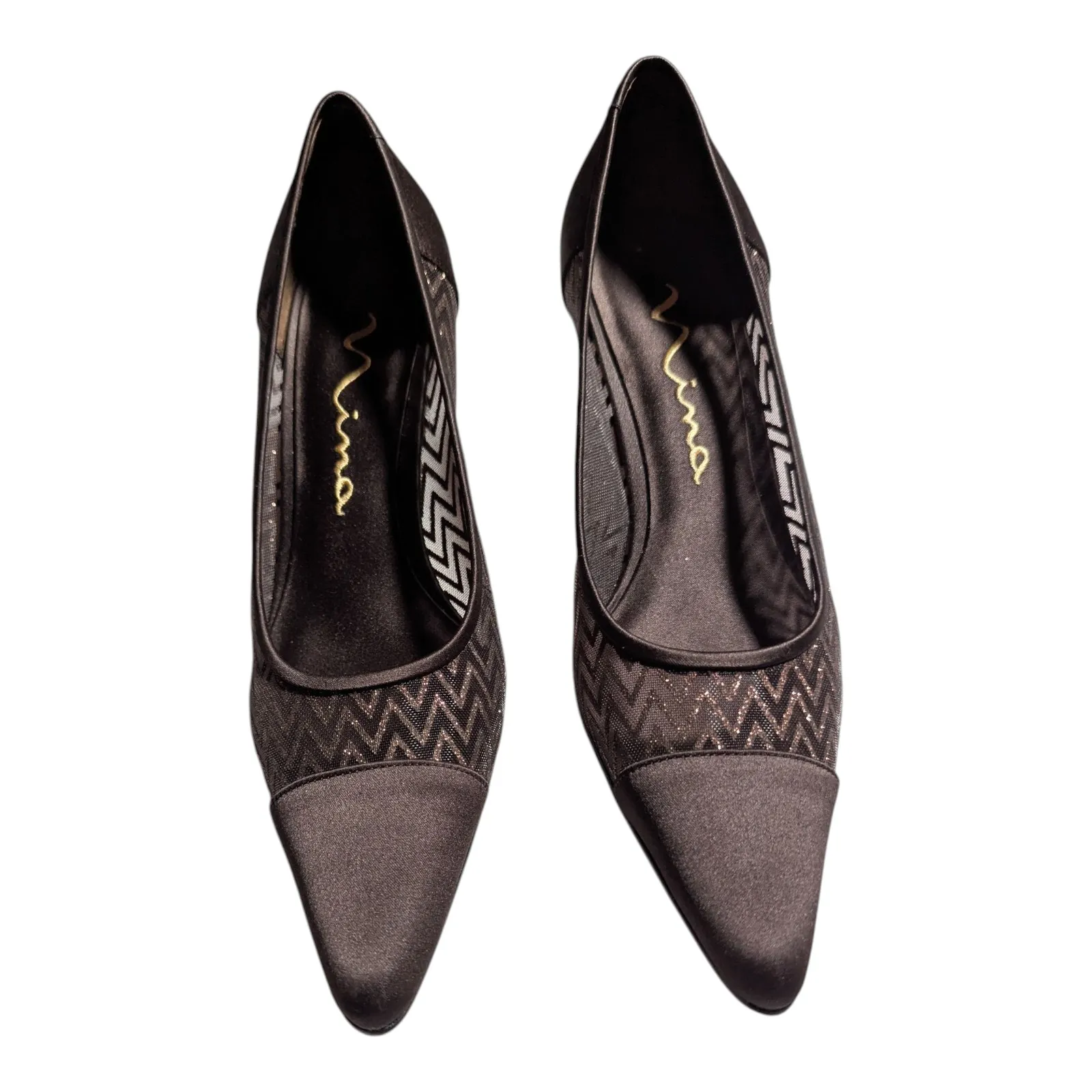 Vtg Y2K Nina Brown Pointed Satin Cap Toe Glitter Chevron Mesh Stiletto Pumps 8.5 - Image 2