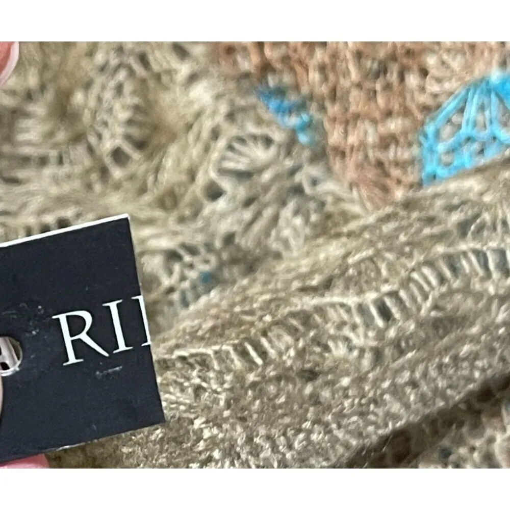 New Knit Scarf Poms Floral Burgundy Blue Tan Rectangle 19" X 68" - Image 6