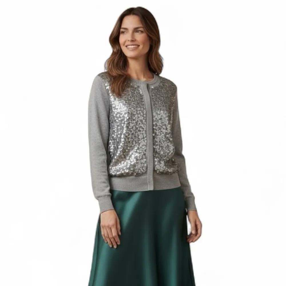 IZOD Sequin Front Sweater Women’s Medium Gray | Hidden Snap Front | Holiday Glam - Image 8