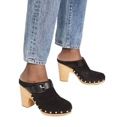 NWOT, Veronica Beard Dacey Black Suede Wooden Platform Clog, Gold Studs, Sz 6.5 - Image 1