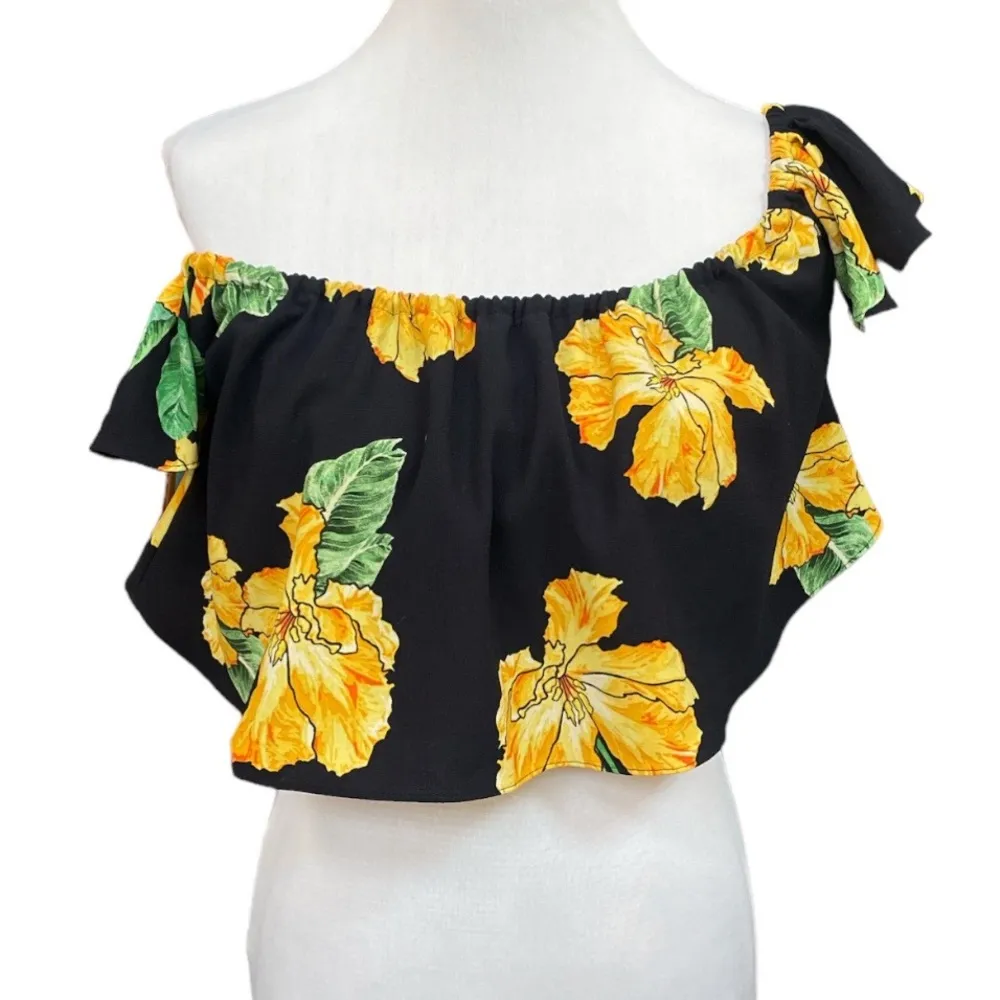 Zara Basic Floral Ruffle Crop Top Black Yellow Green Size Medium - Image 5