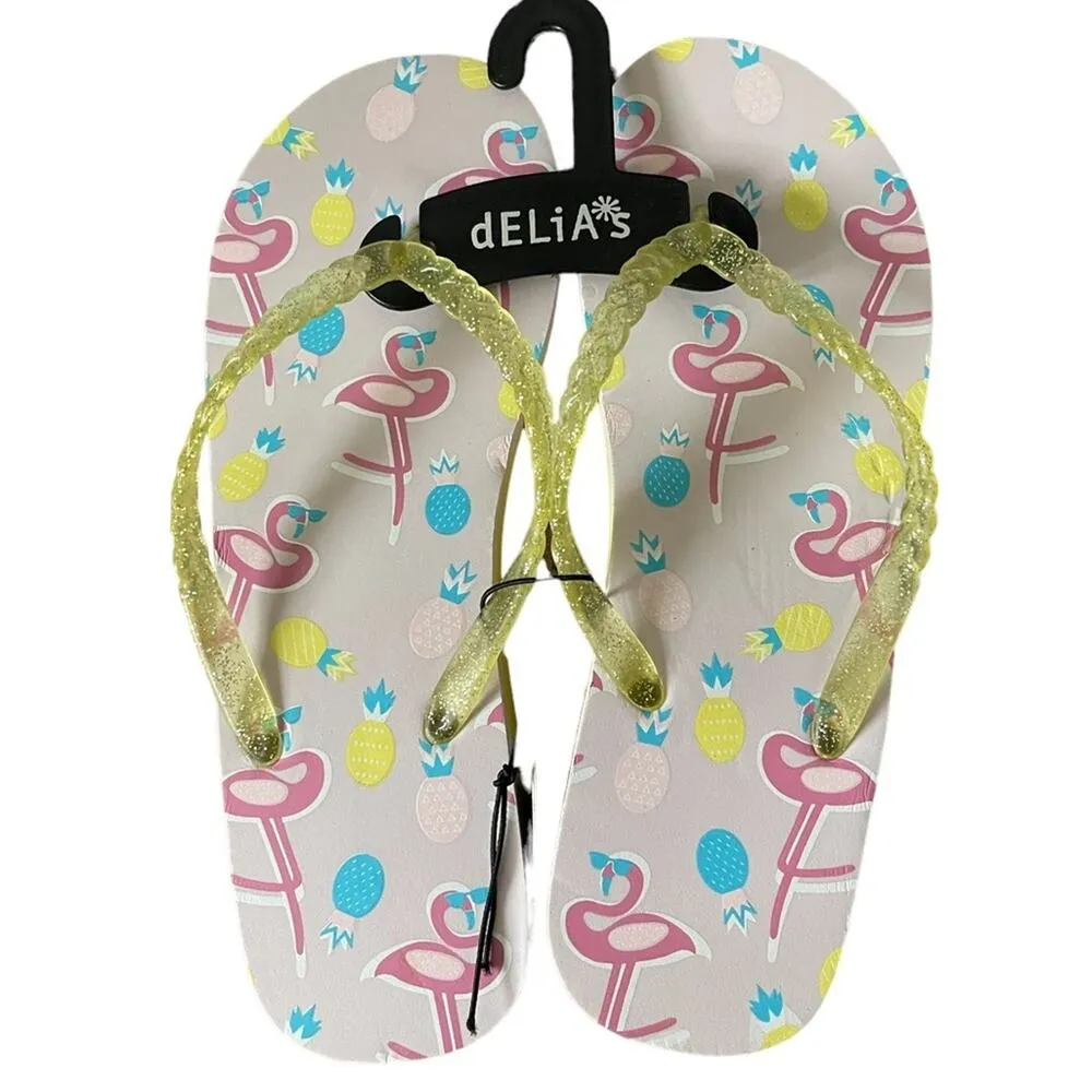 dELiA*s Pink Flamingo Colorful Bling Summer Flip Flops Size 8 NWT - Image 5