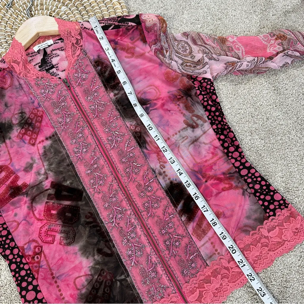 Jaipur Women’s Mesh Sheer Full Zip Blouse Top Beaded Longsleeve Fairy in Pink L Size L - Image 12
