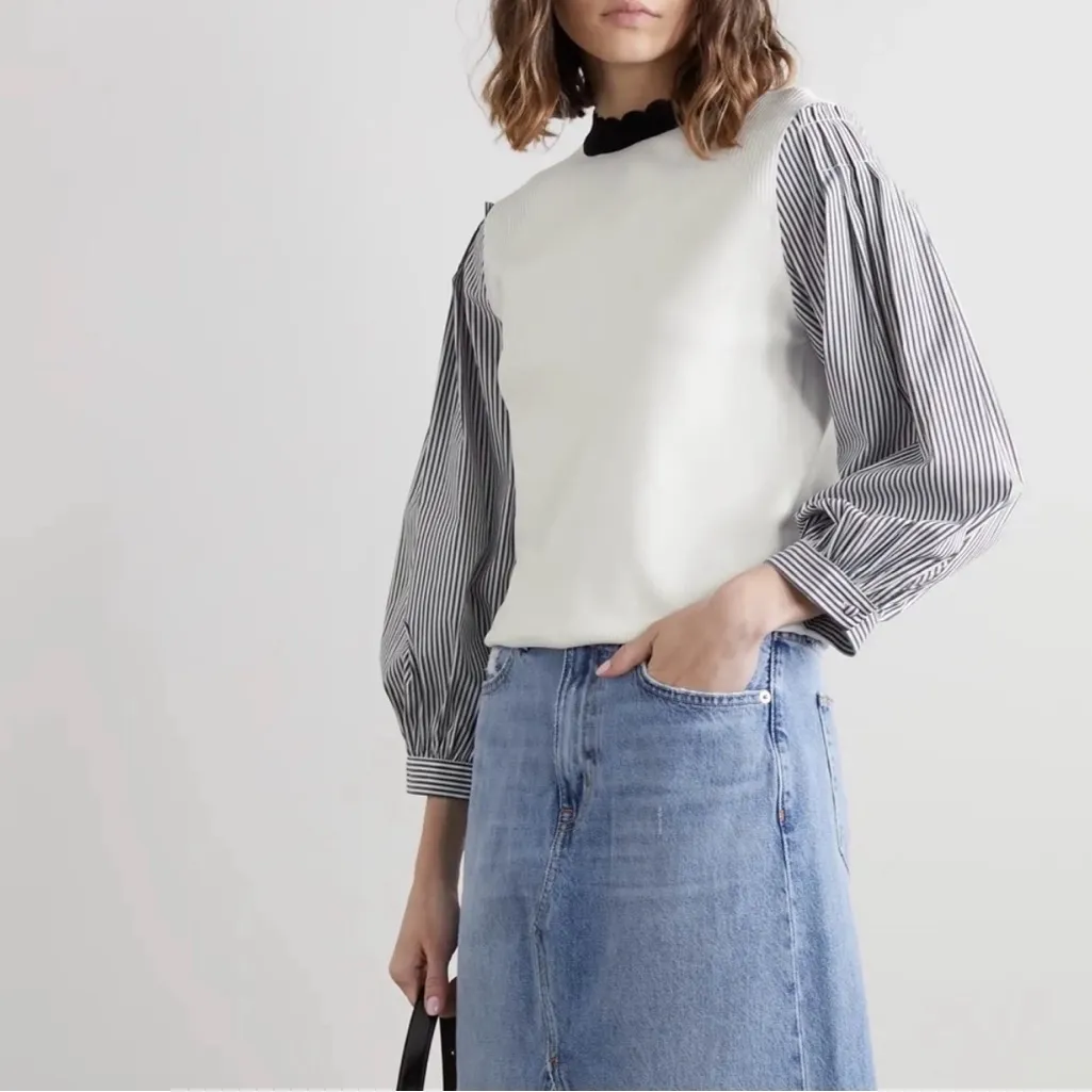 Veronica Beard Roy Mixed Media Sweater Large White Striped Sleeves Coastal Chic - Image 3