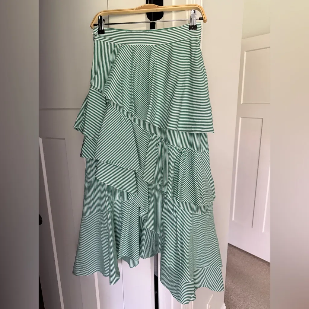 Pearl by Lela Rose Green Ruffle Stripe Asymmetrical Midi Skirt cotton poplin Size 2 - Image 4