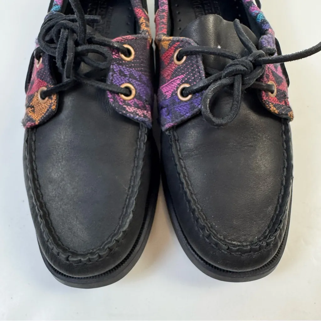 Sebago Spinnaker Black Tribal Leather Boat Shoes Size 8 Nautical Preppy Aztec - Image 4