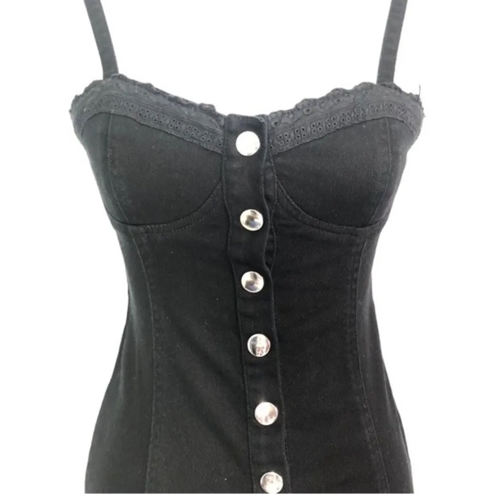 Forever 21 Black Lace Trim Button Front Denim Mini Dress - Image 87