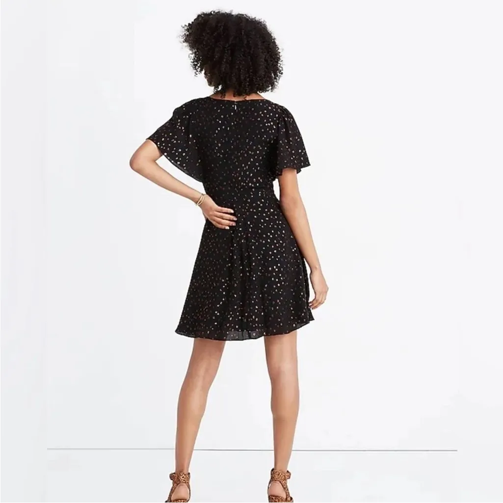 Madewell Black Short Cape Sleeve Metallic Dot Faux Wrap Mini Dress Size 2 - Image 8