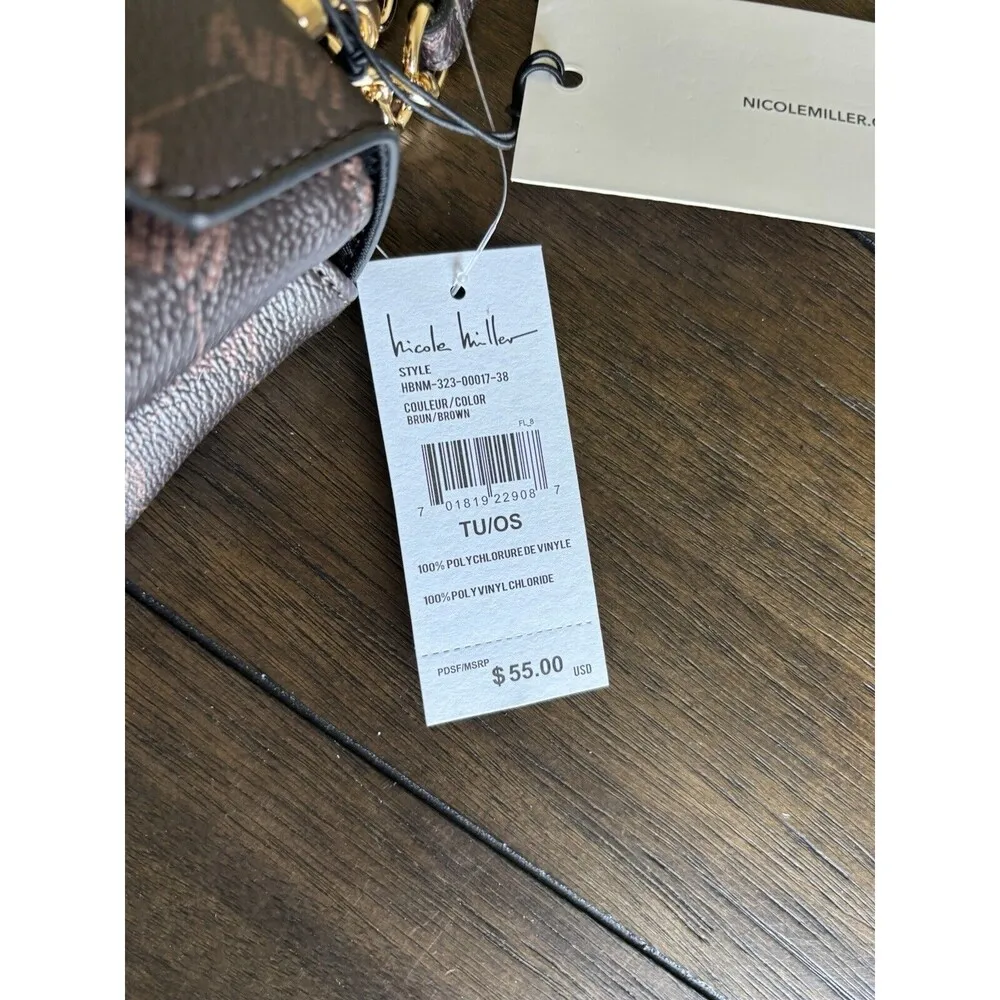 NEW Nicole Miller New York Small Crossbody Chain Purse Brown Mix Logo Pattern - Image 6