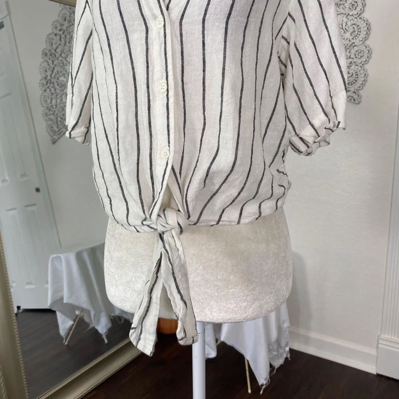 Sanctuary Clothing Ocean Shirt Marina Stripe Linen Striped Front Tie Crop Top M - Image 3