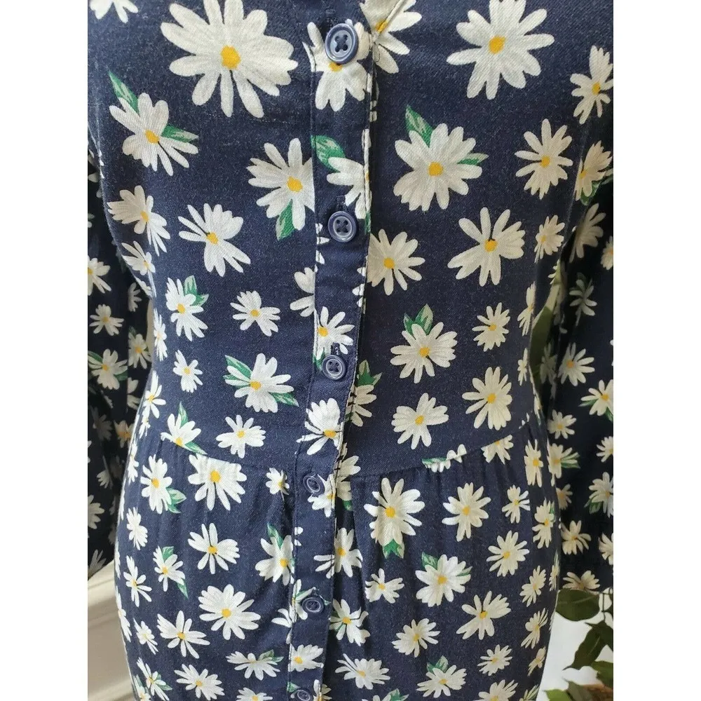 Old Navy Women Blue Floral Cotton & Rayon V-Neck Long Sleeve Knee Length Dress M - Image 3