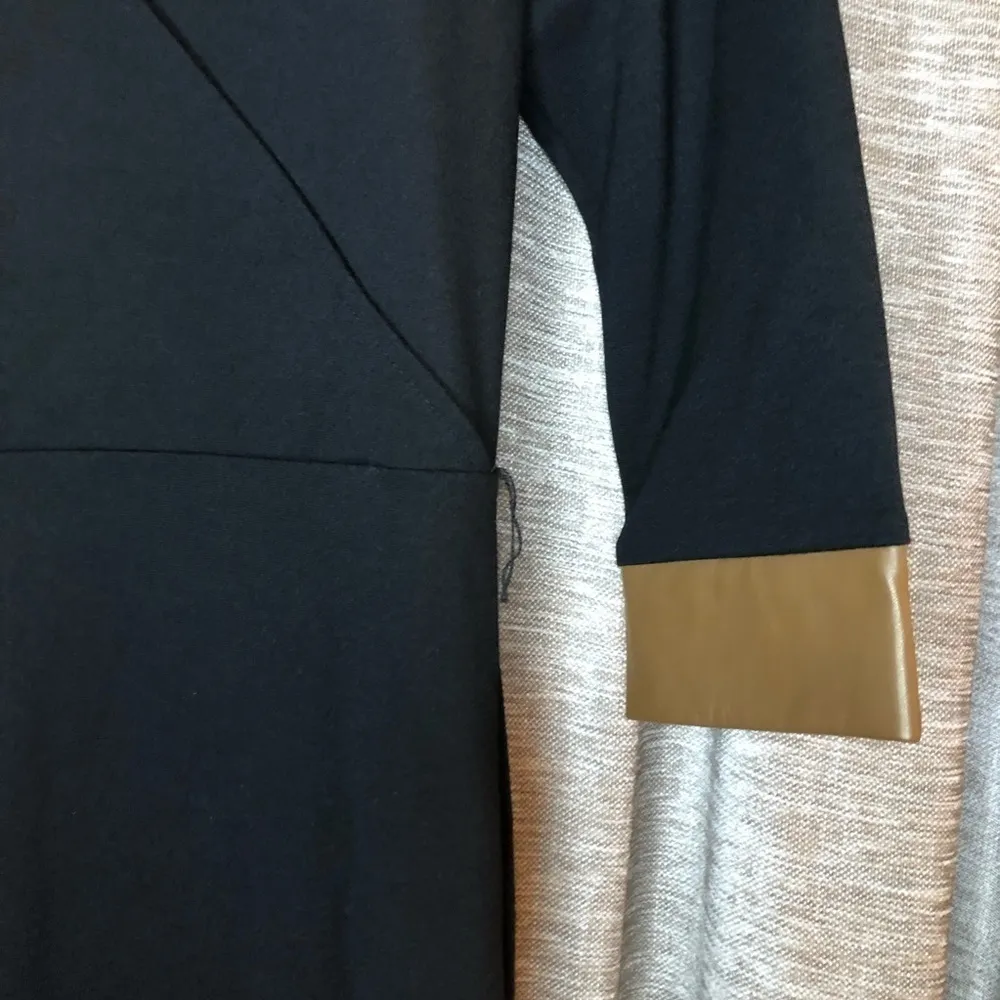 Doncaster Collection Black Collared Faux Wrap Dress with Leather Trim Size 2 - Image 7