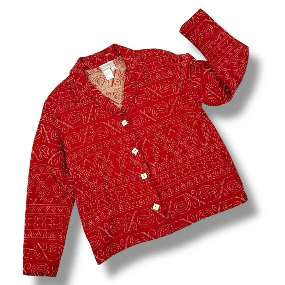 Coldwater Creek Geometric Fair Isle Embroidered Button Up Jacket Red Medium - Image 13