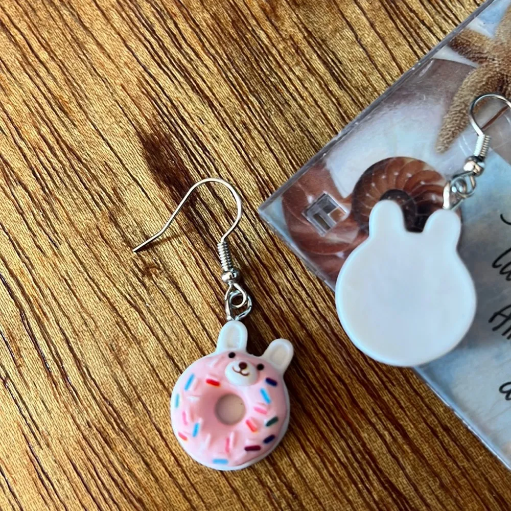 Pink Donut Kitty Cat Dangle Earrings - Image 3