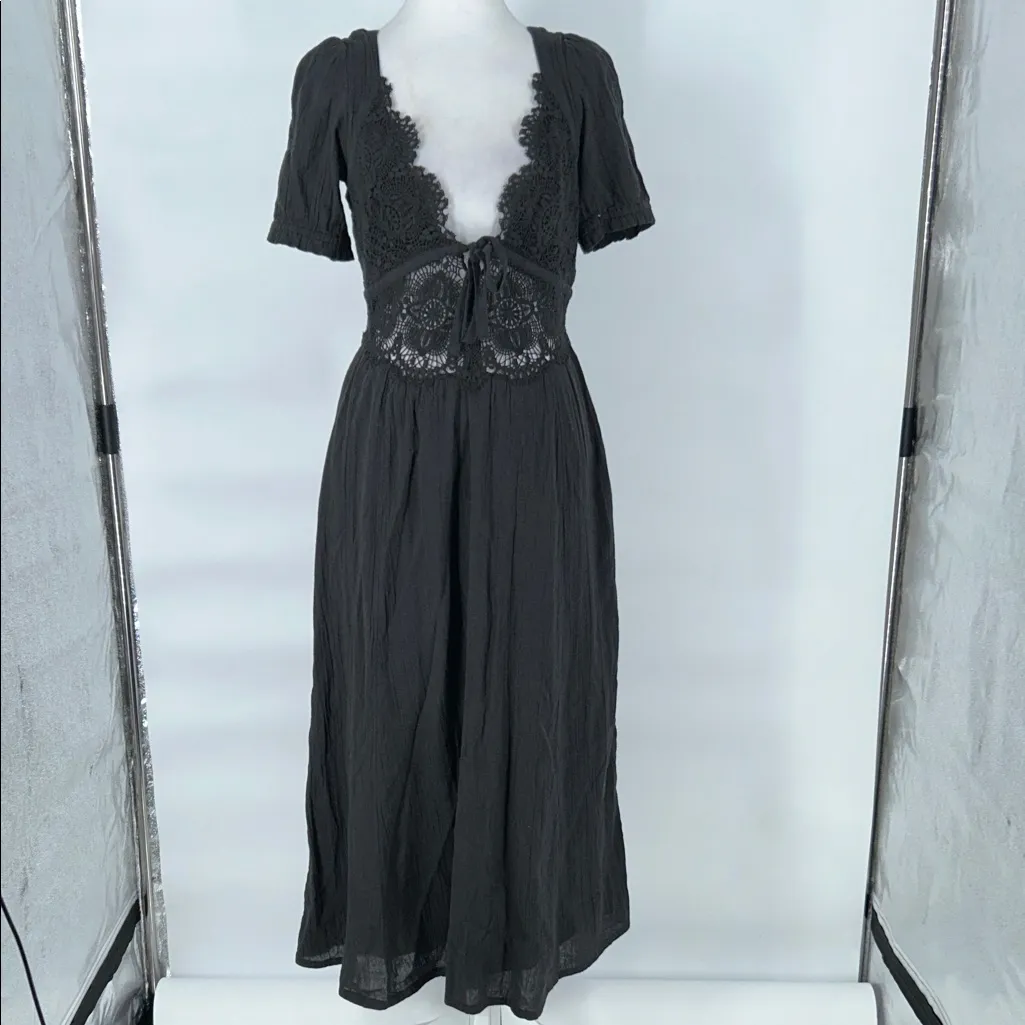 Free People Black Lace Cutout Midi Dress Size S Open Back Boho Festival - Image 3