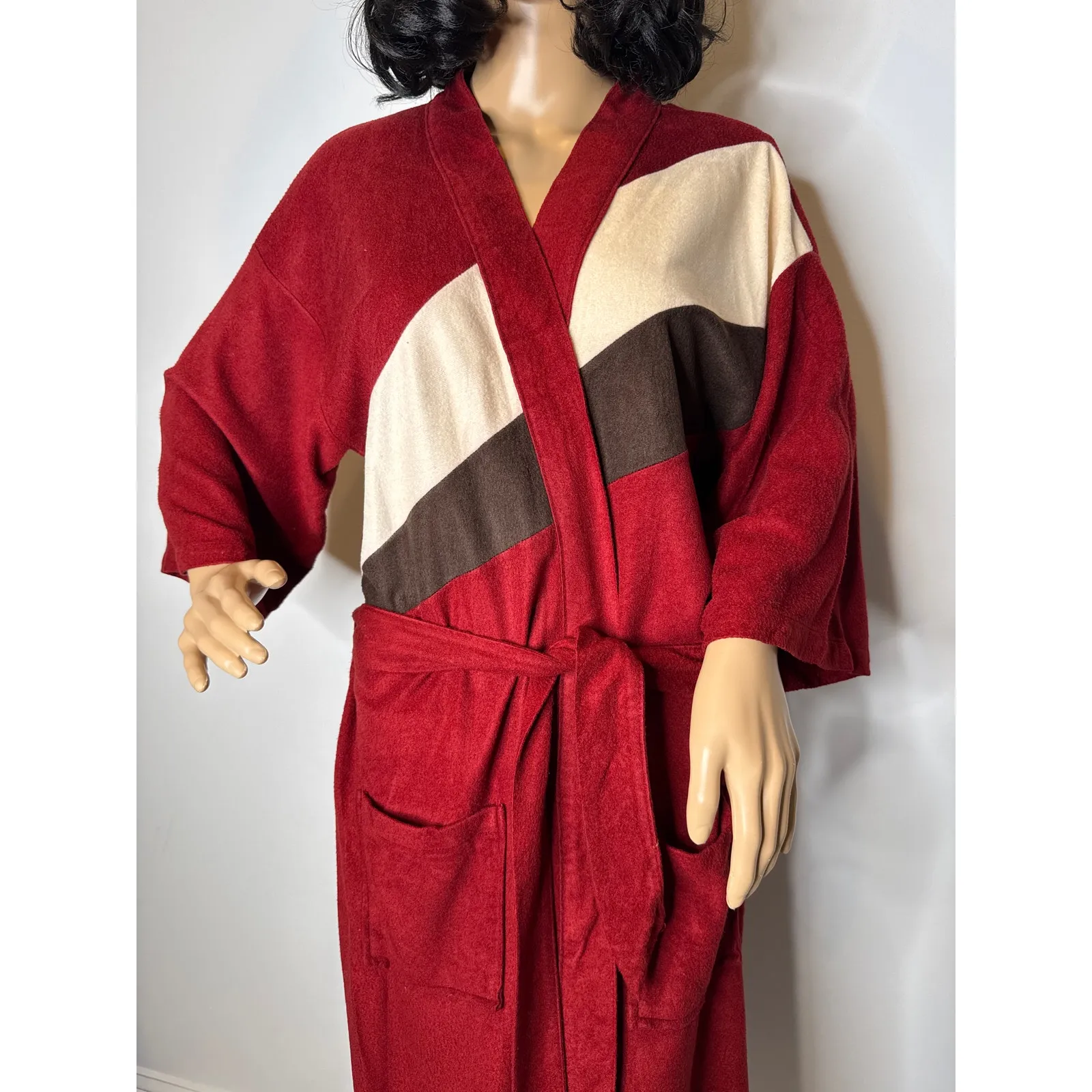 Vintage Red Colorblock Velour Kimono Robe Dress with Belt M -L - Image 11