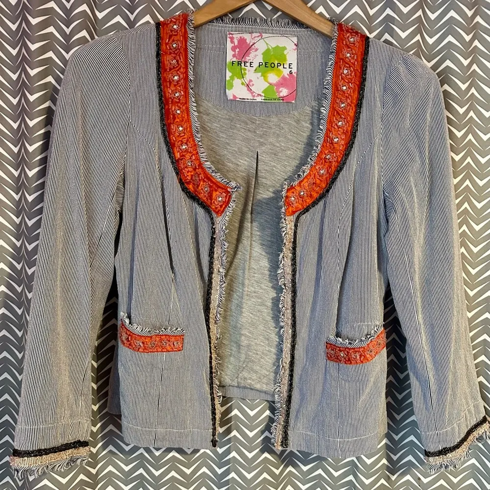 Free People | My Fair Lady Vintage Blue Stripe Beaded Blazer, Size 6 - Image 5
