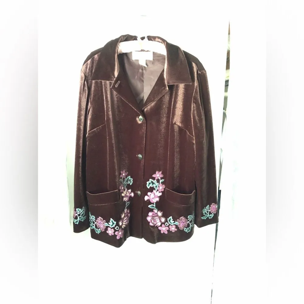 VERY VERANESI Brown Velvet Embroidery Blazer Jacket Women 18W Boho Hippie Retro - Image 3