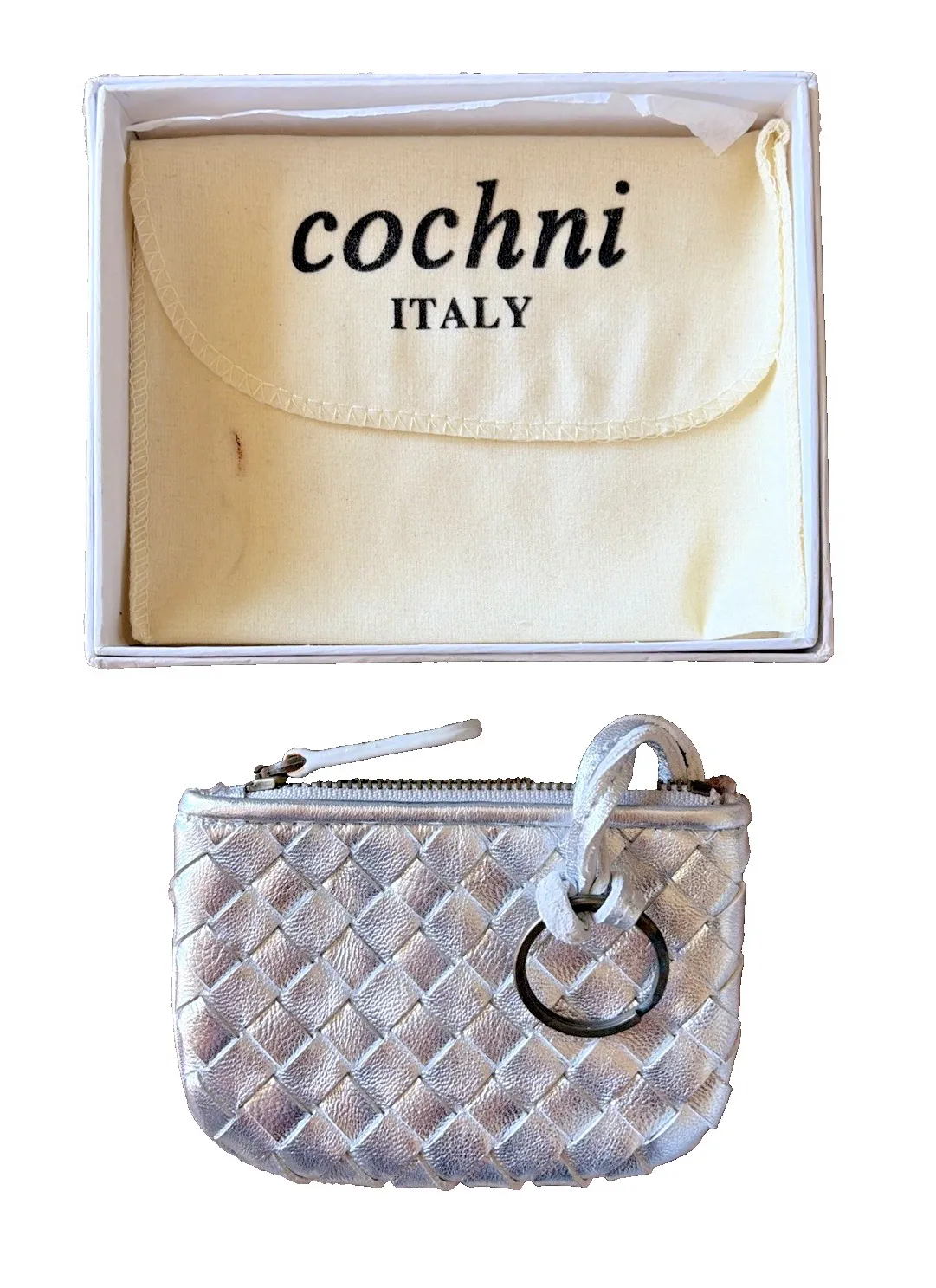 COCHNI Italy Silver Braided Leather Coin Pouch Small Zip Pouch Wristlet Dust Bag - Image 1