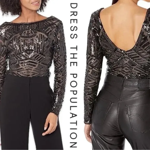 Dress the Population Leia Bodysuit Top Black Sequin Black & Nude Size XS - Image 2
