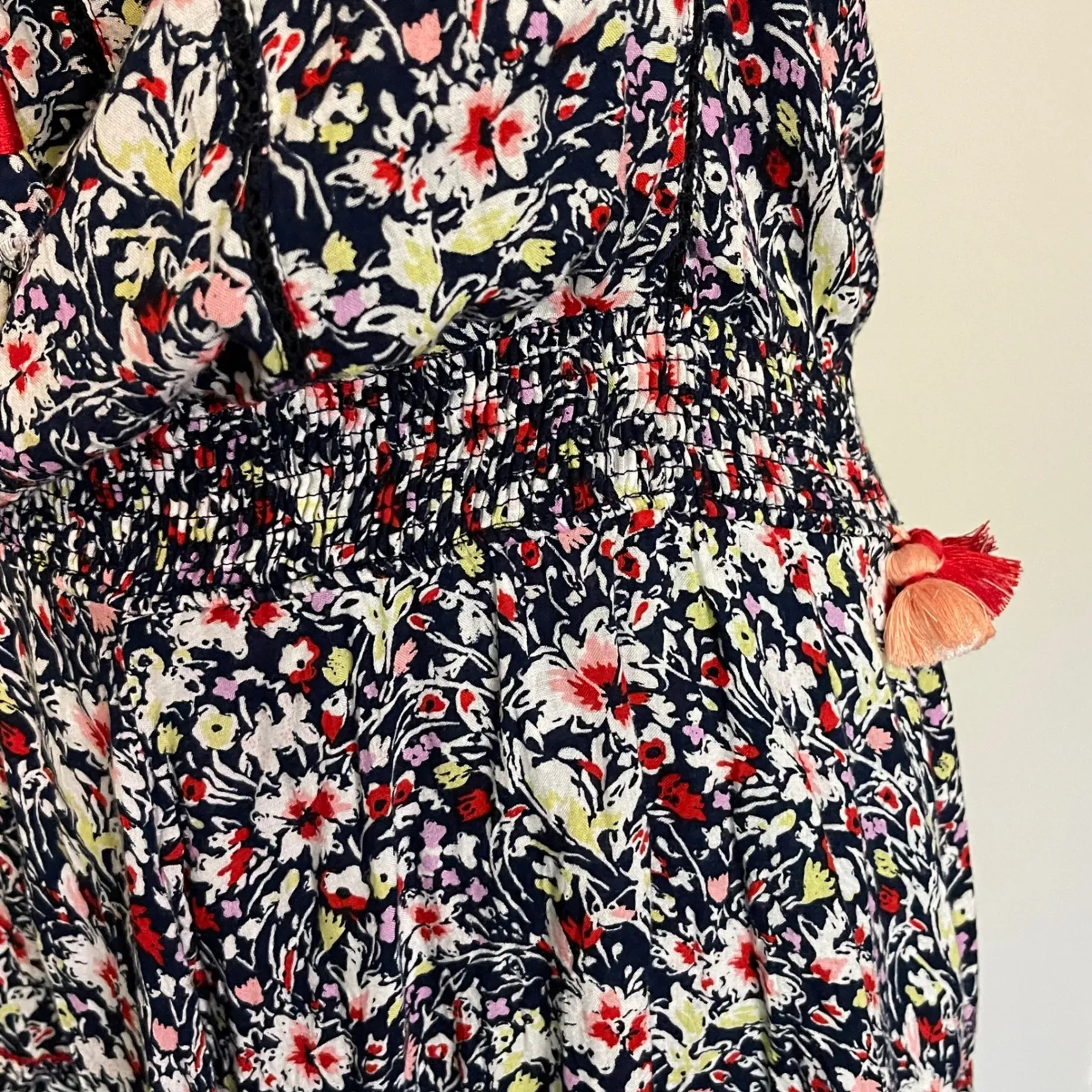 Poupette St Barth Floral‎ Mini Dress Tie Neck Sleeveless Tassel Medium Blue - Image 6