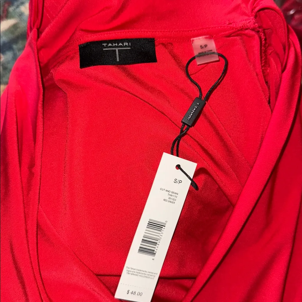 T TAHARI Blouse Size S Red Draped V Neck Short Sleeve Jersey Knit Faux Wrap Top - Image 9